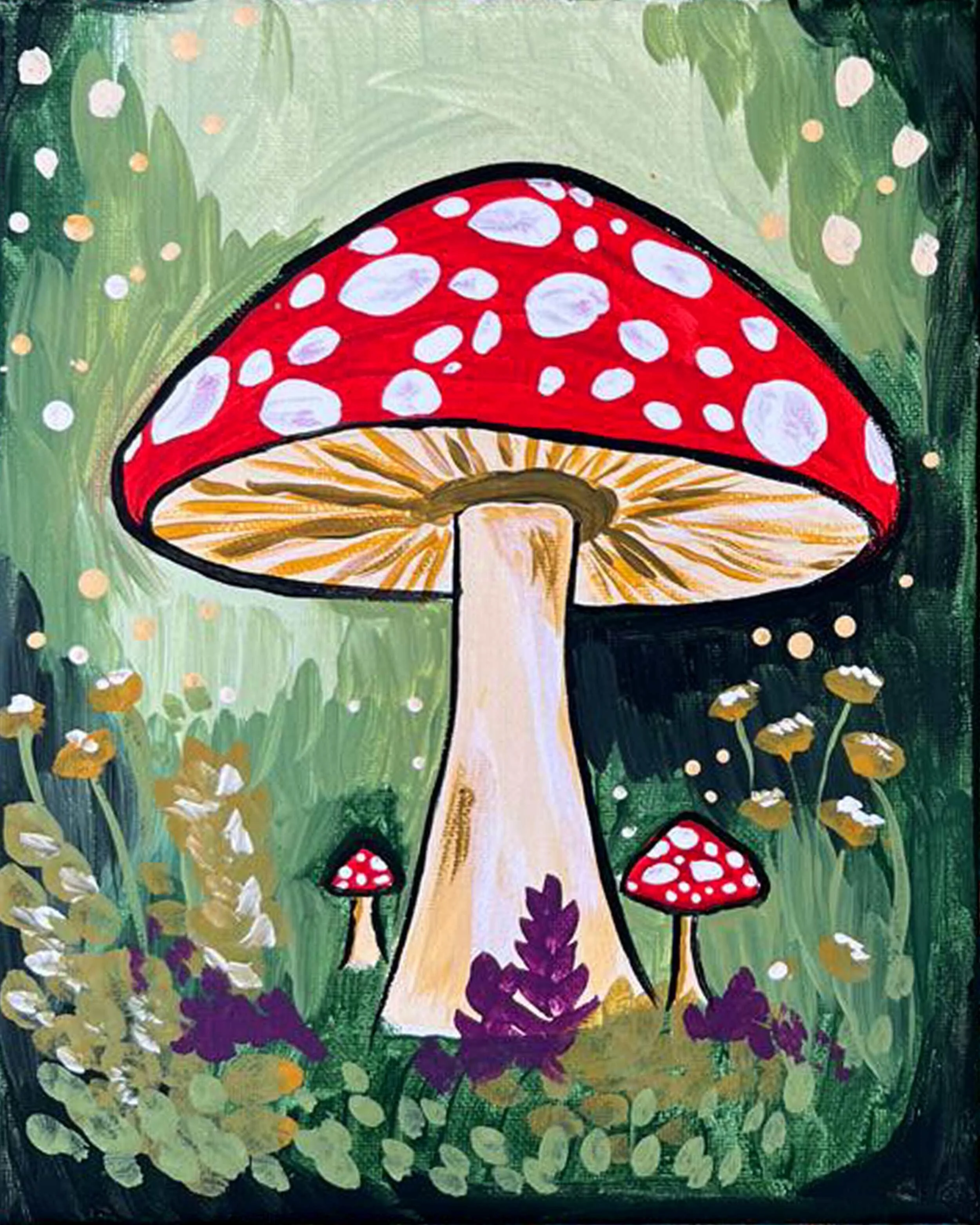 Painting of red and white spotted mushrooms, with a large one in the center and smaller ones around, set in a green grassy area with foliage
