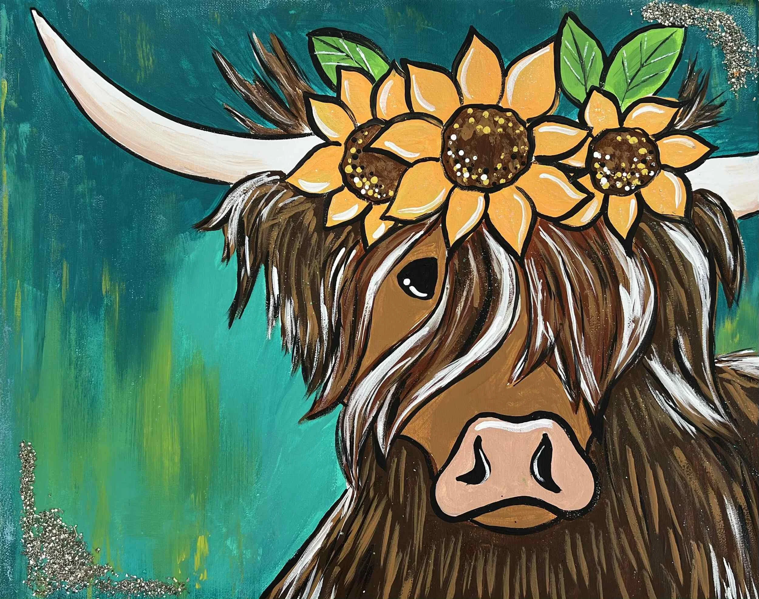 Painting of a highland cow with a sunflower crown on its head, green and blue background with glitter accents.