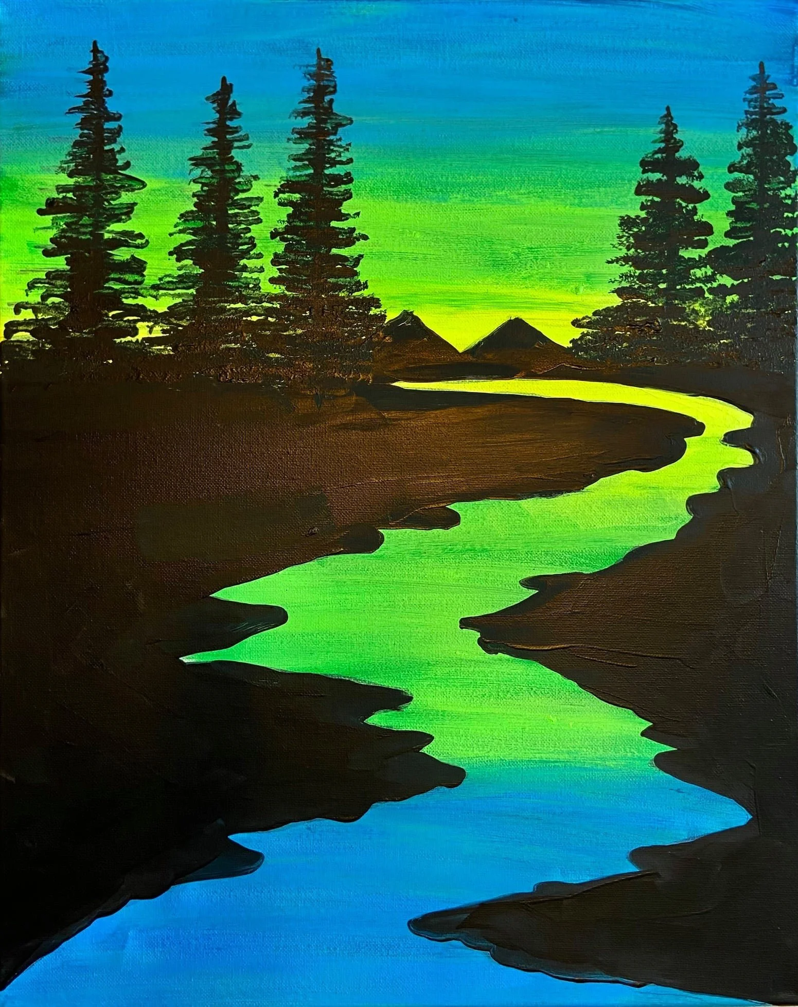 A colorful landscape painting depicting a river flowing through a gorge with pine trees on either side, mountains in the background, and a vibrant sky transitioning from blue to green.