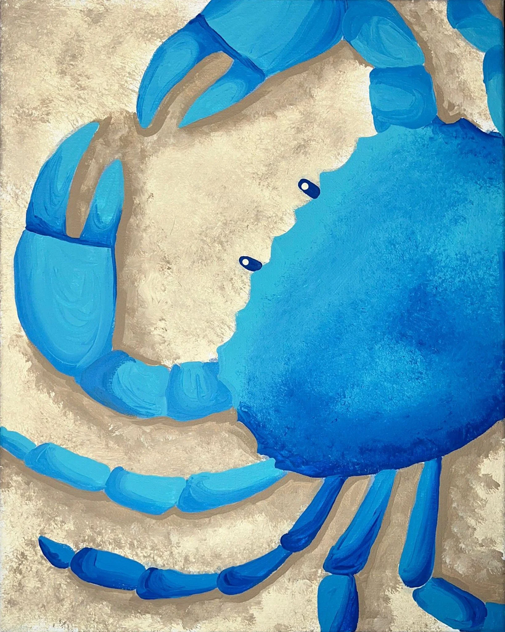 Painting of a blue crab with a human face, looking to the right, against a beige background.