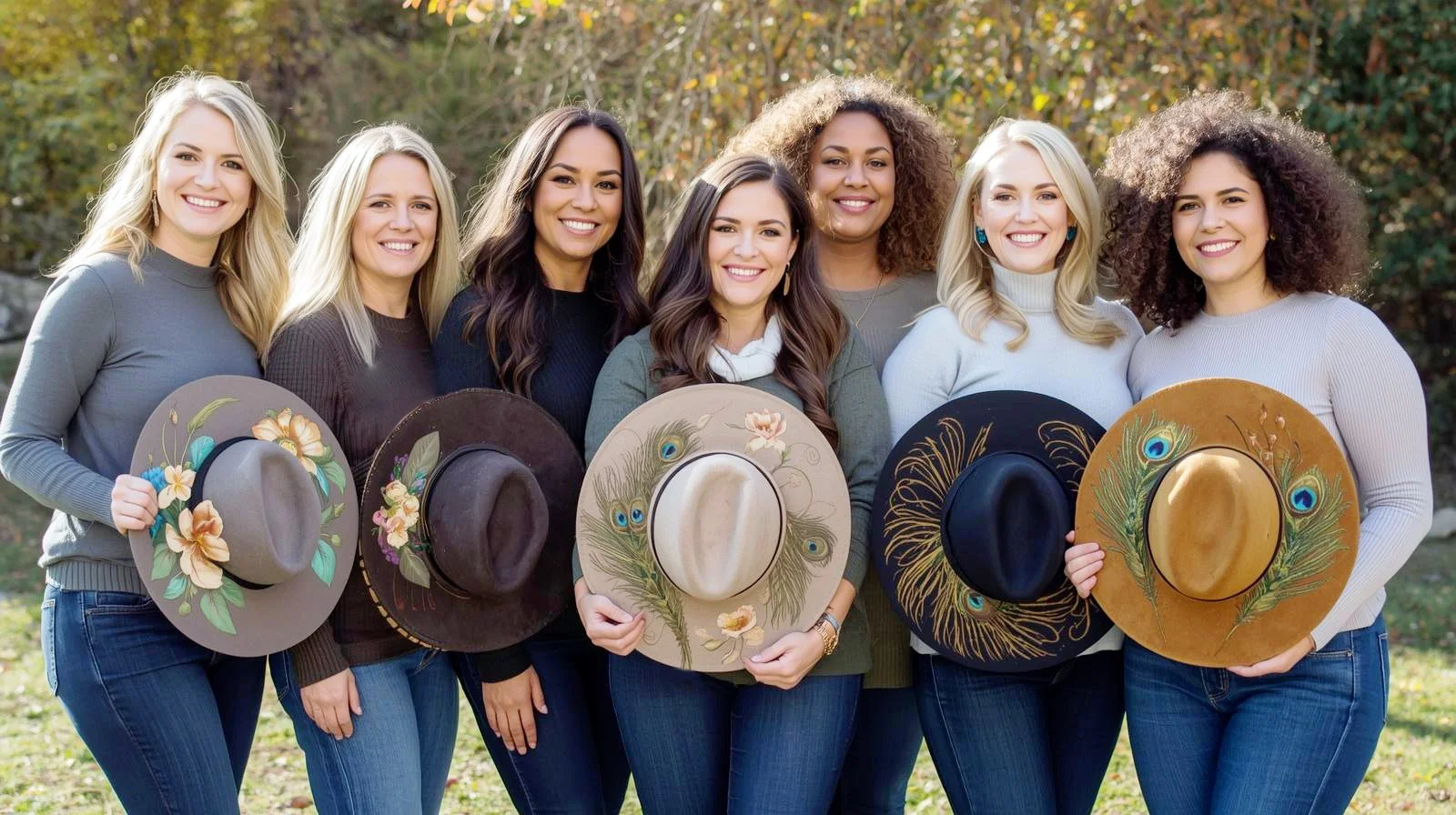 Group of seven women standing outdoors, holding decorated hats, smiling, with autumn trees in background.