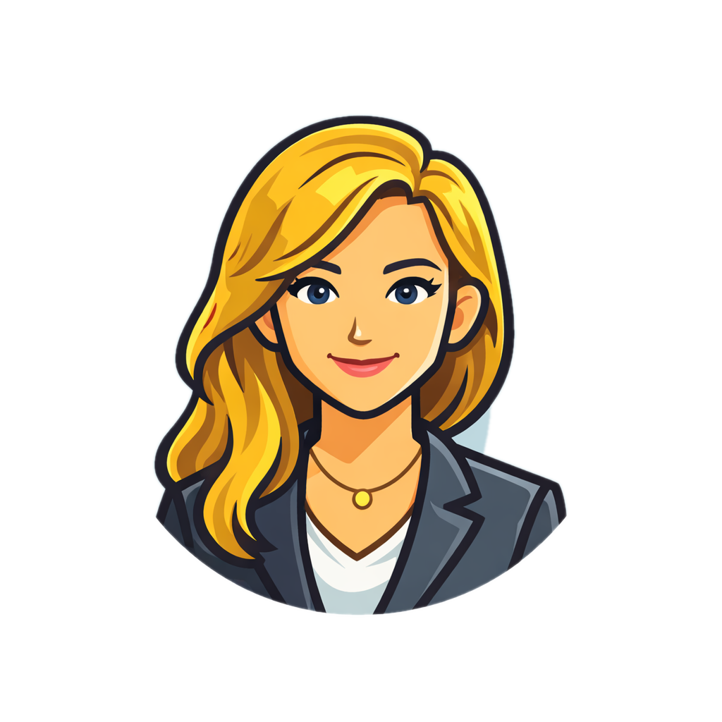 A cartoon illustration of a woman with long blonde hair, wearing a black blazer and a white top, with a gold necklace, smiling, with a light blue background.