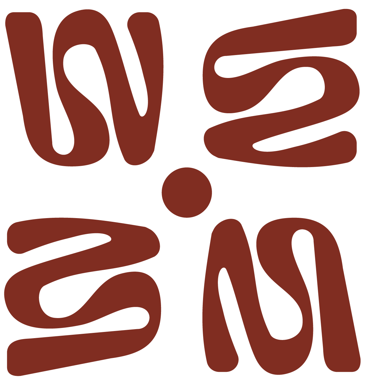 Das Wort 'LOVE' in großen, braunen, verspielten Buchstaben, viermal angeordnet in einem quadratischen Muster mit einer Punktmitte.