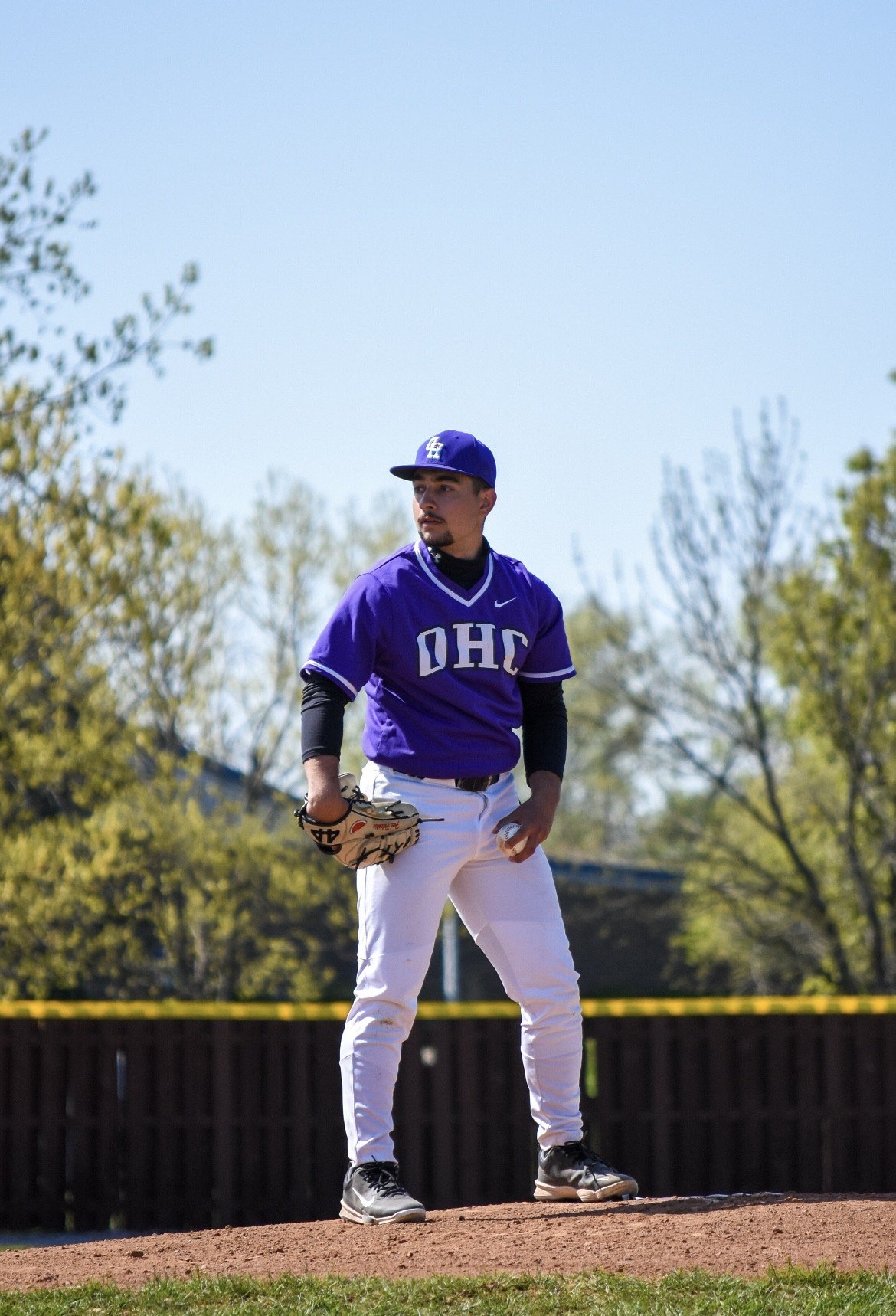 A baseball player standing on the pitcher's mound, wearing a purple jersey with 'DHC' on it, white pants, a blue cap, and holding a baseball glove.