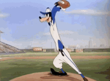 A cartoon character, a blue and white dog, is standing on a baseball field, holding a baseball bat, preparing to swing.