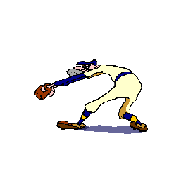 Cartoon character in a baseball uniform holding a bat, in a batting stance.