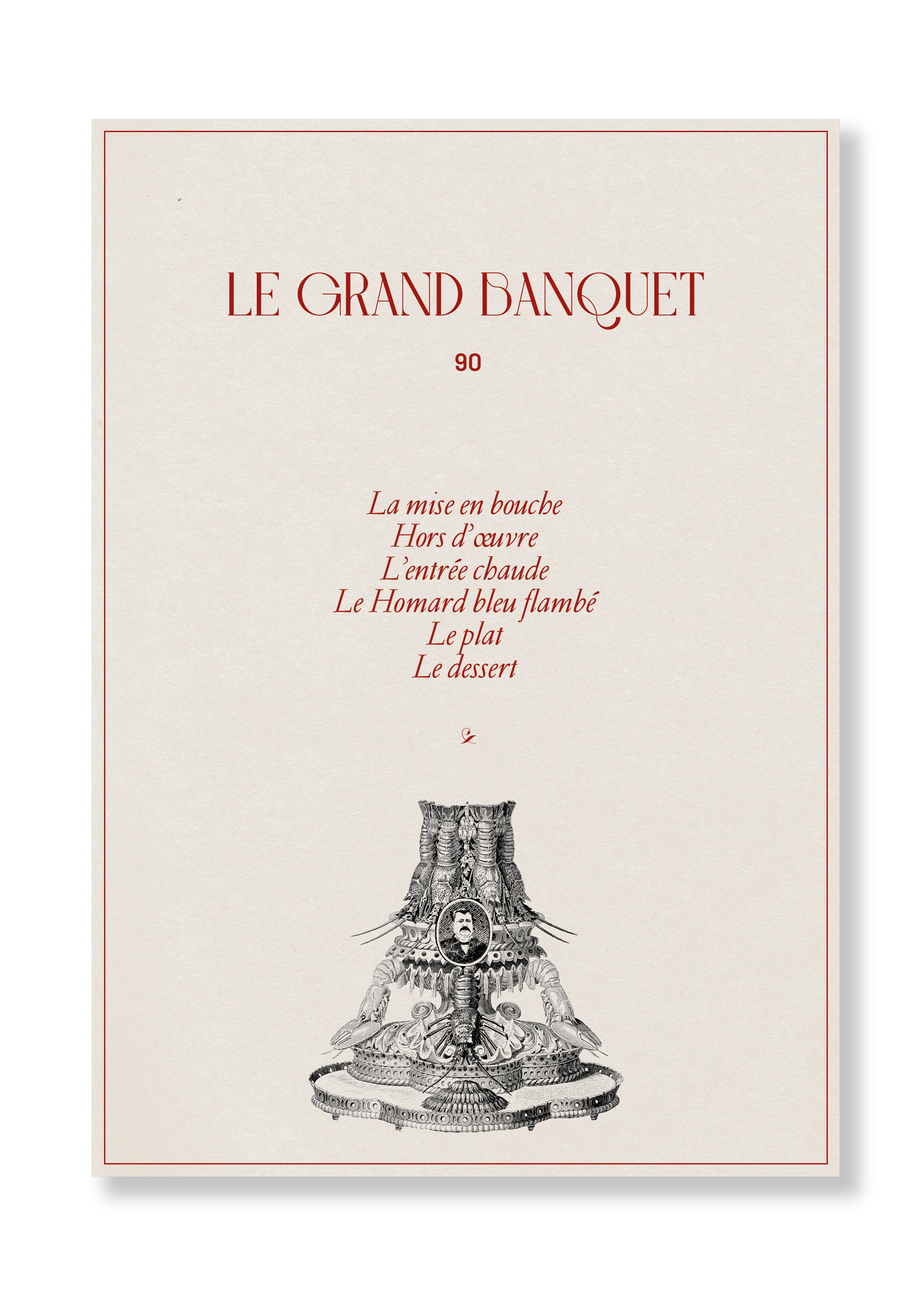 Carte de menu en français pour un banquet avec un dessin de bijou ancien en bas.