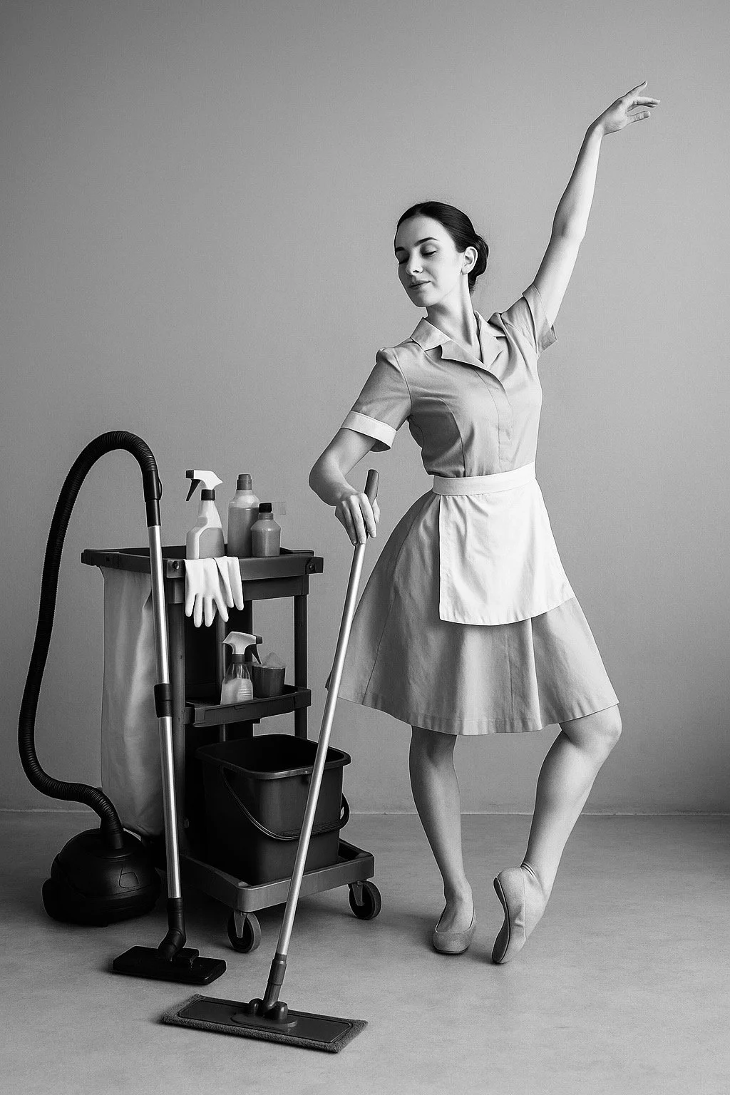 Black and white photo of a cleaning lady in a dress and apron, holding a mop, with a cleaning cart and supplies behind her, striking a dance pose with one arm raised and one foot pointed.