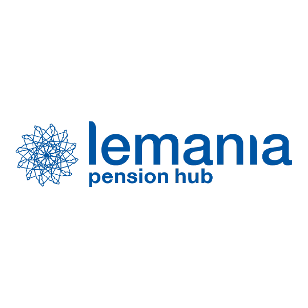 Logo de Lemania Pension Hub avec un symbole géométrique bleu et le texte en bleu sur fond noir.