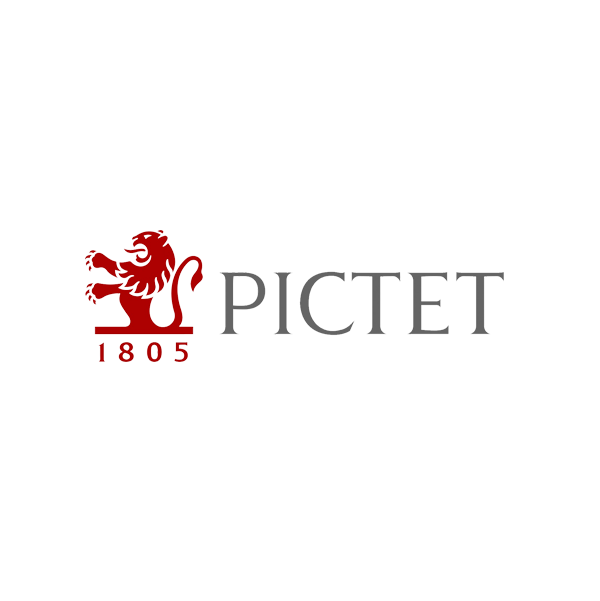 Logo de Pictet avec un lion rouge et le texte 'PICTET' en gris, année 1805 en rouge, sur fond noir.