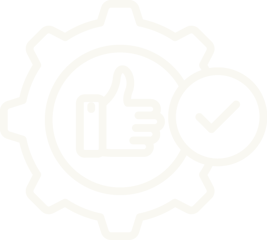 Icône d'une roue dentée avec une main faisant un pouce levé et une coche, symbolisant l'approbation ou la qualité.