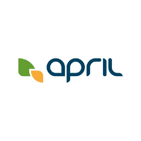 Logo d'April avec un symbole de feuille verte et une feuille orange à côté du nom 'april' écrit en lettres bleues.