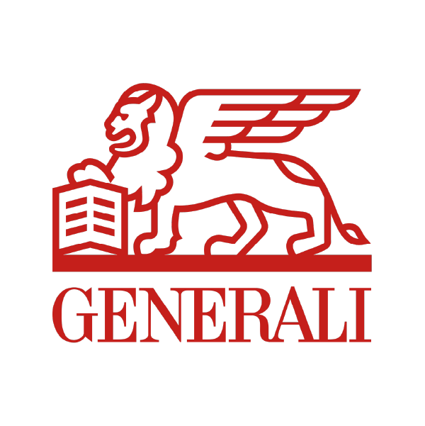 Logo noir et rouge d'une créature mythologique avec tête de lion, corps de lion, ailes d'oiseau, et un livre, avec le mot 'Generali' en dessous.