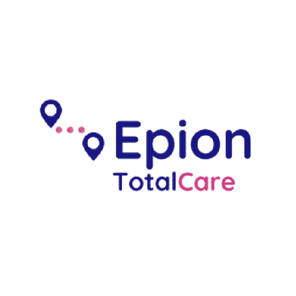 Logo de Epion TotalCare avec un symbole molecular et le texte en violet et rose