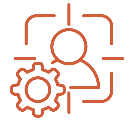 Icône représentant un processus de gestion ou de configuration, avec un profil humain, une roue dentée et des éléments de connexion.
