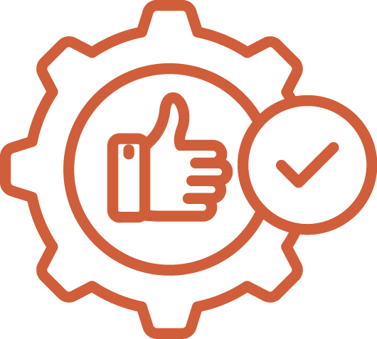 Icône représentant un pouce en l'air à l'intérieur d'un engrenage avec une coche, symbolisant l'approbation ou la validation.