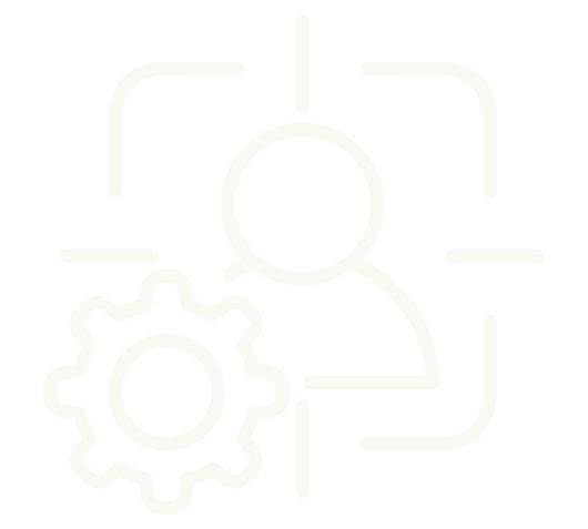 Icône blanche représentant une personne et deux engrenages sur fond noir.