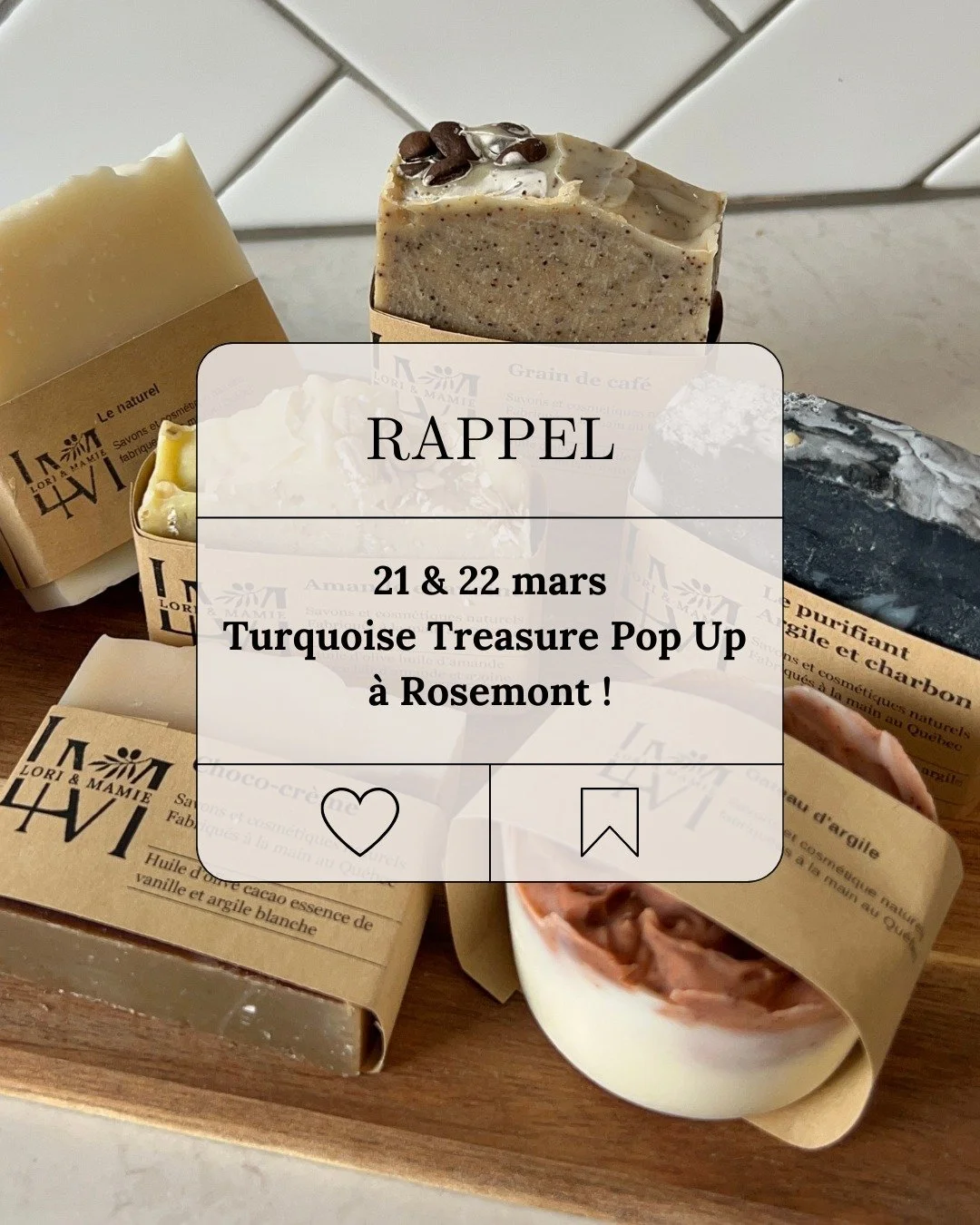 Petit rappel 👀✨

On sera demain au Turquoise Treasure Pop Up &agrave; Rosemont !
Passez nous voir pour d&eacute;couvrir les produits Lori &amp; Mamie en personne 🧼🤍

On a trop h&acirc;te de vous rencontrer !

#lorietmamie #marcheartisanal #faitmai