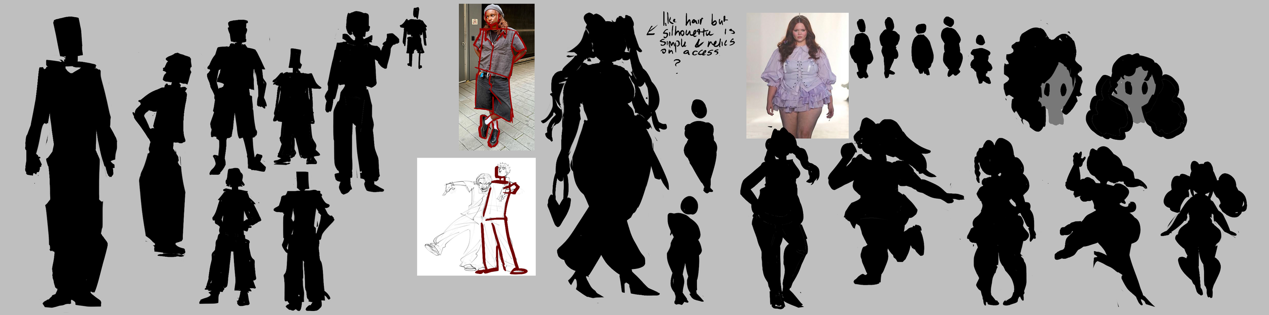 Silhouette collection of characters, in various poses and outfits, some with their hands on their hips or talking on the phone, with a few detailed photos and sketches of fashion designs and styling notes overlaid.