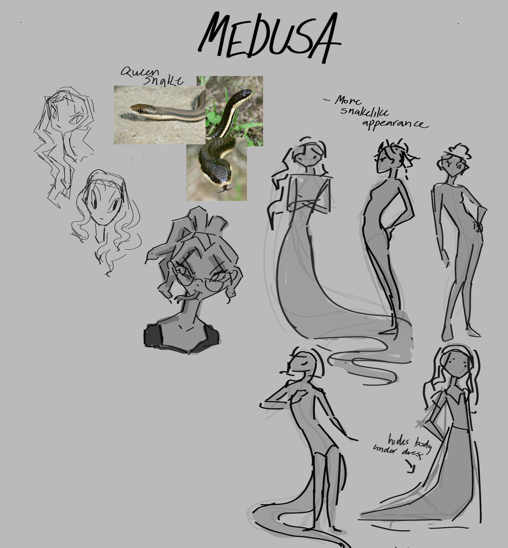 Sketches and photographs of a snake labeled 'Medusa' with descriptive notes, surrounded by drawings of women and annotations about snake appearance and body underdress.
