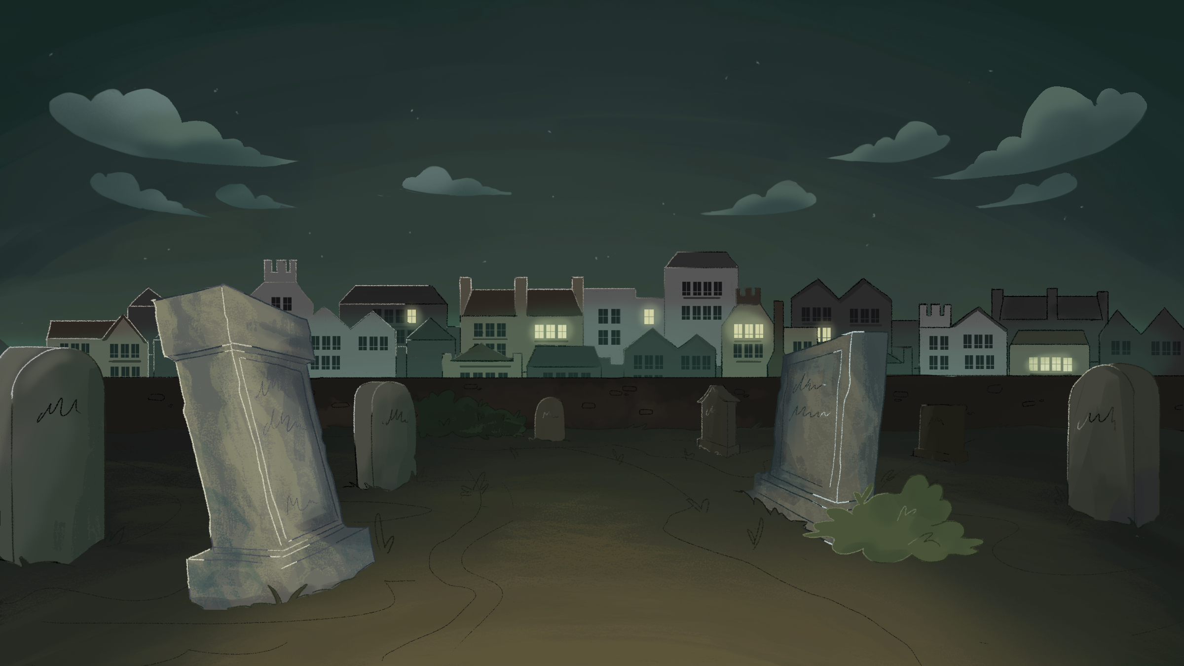 Nighttime graveyard scene with weathered tombstones and a row of houses in the background with lit windows, under a cloudy sky.