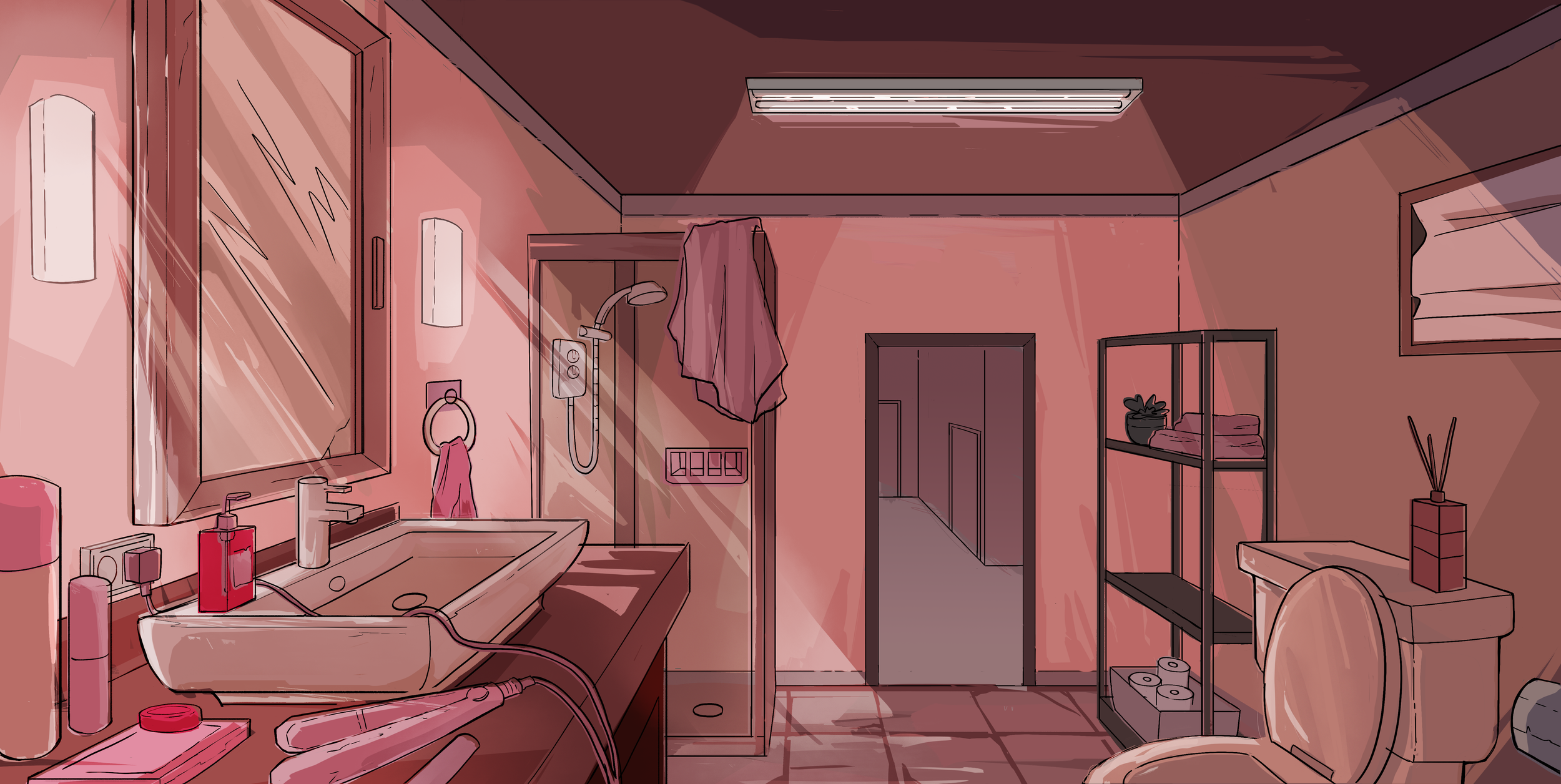 A bathroom painting with pink walls, a mirror, sink, toiletries, a shower with a towel hanging, and various bathroom fixtures and storage shelves.