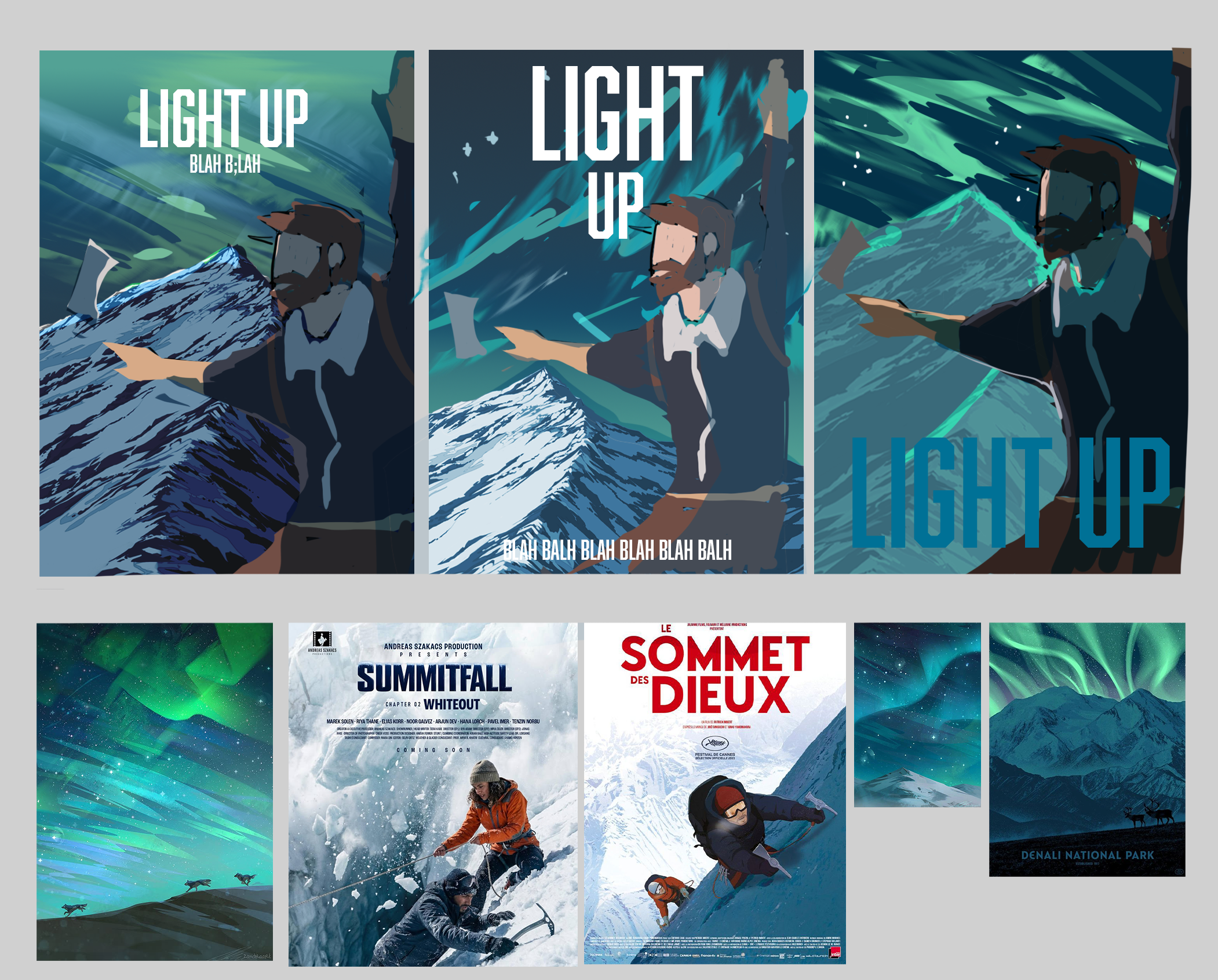 A collage of three stylized posters featuring mountains, northern lights, and a man mountaineering in various poses, with various text overlays related to exploration and adventure.