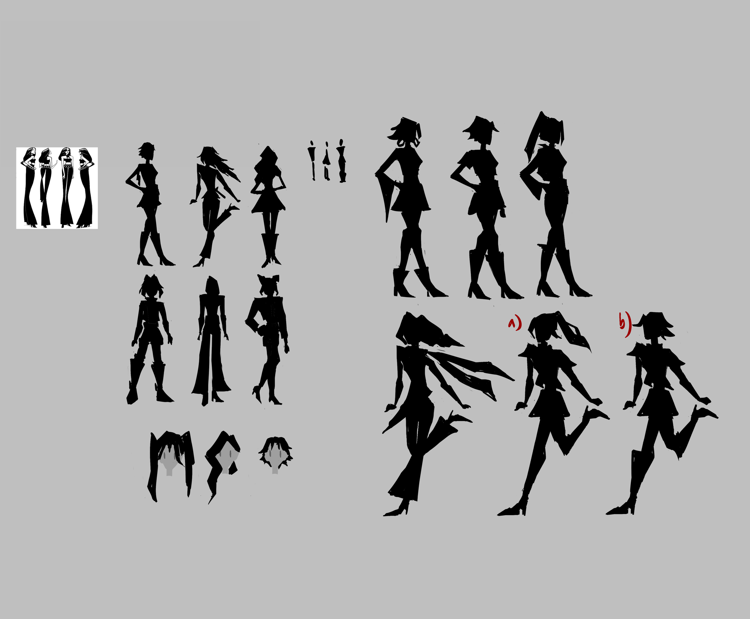 Silhouettes of stylized female figures dressed in fashionable clothing with various poses, arranged in a line against a light grey background. There is also a smaller inset image showing three women in similar outfits.