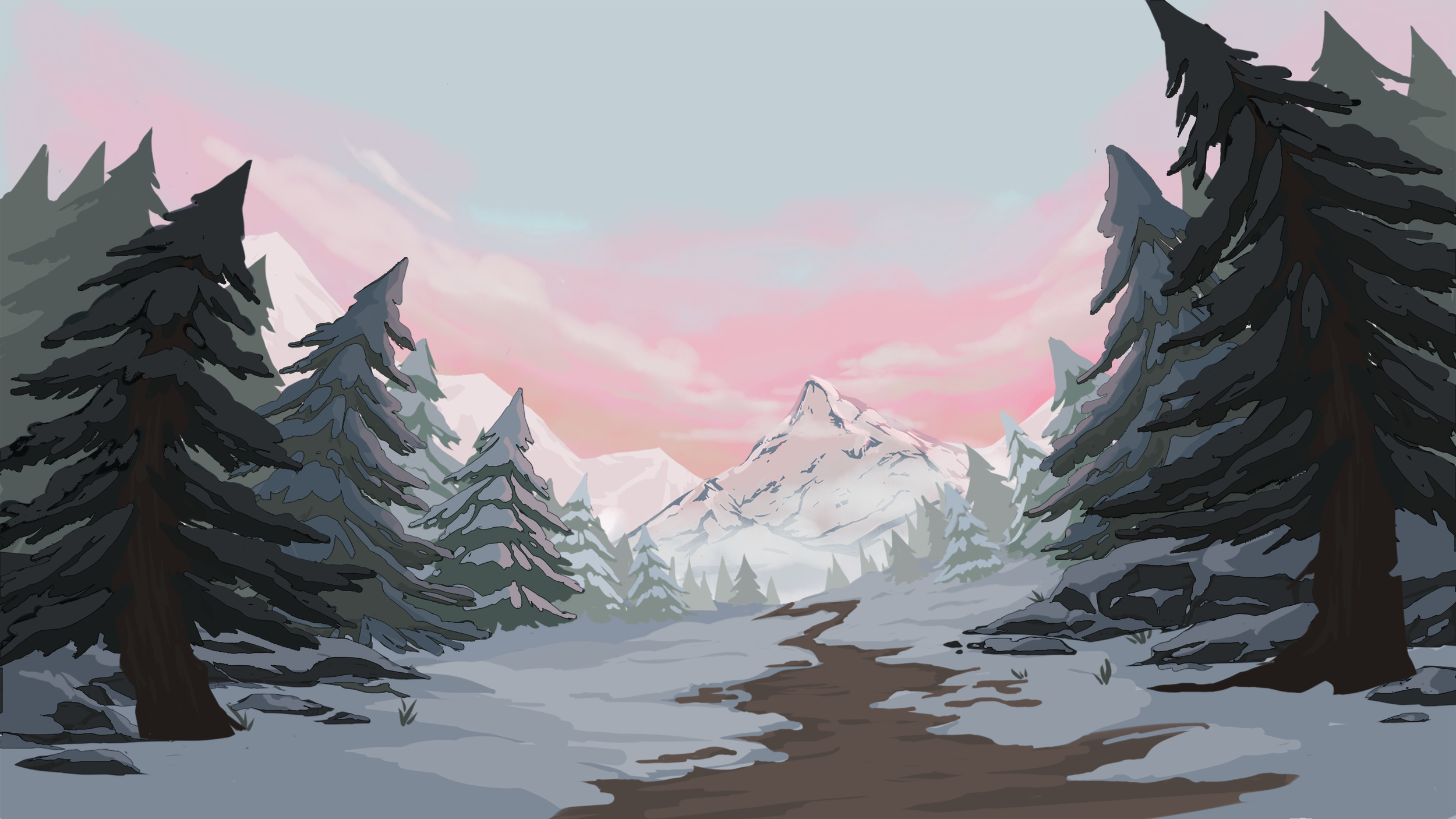 A winter mountain landscape with snow-covered pine trees and a pink and blue sky at dawn or dusk.