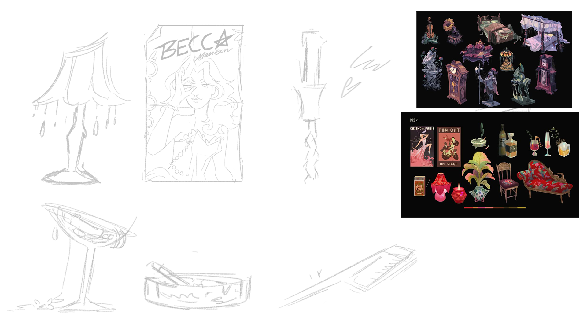 Digital sketches of various household furniture and decorative items, including a lamp, a bed, a clock, a sofa, and an array of furniture and decor designs on a black background, possibly for interior design or furniture planning.