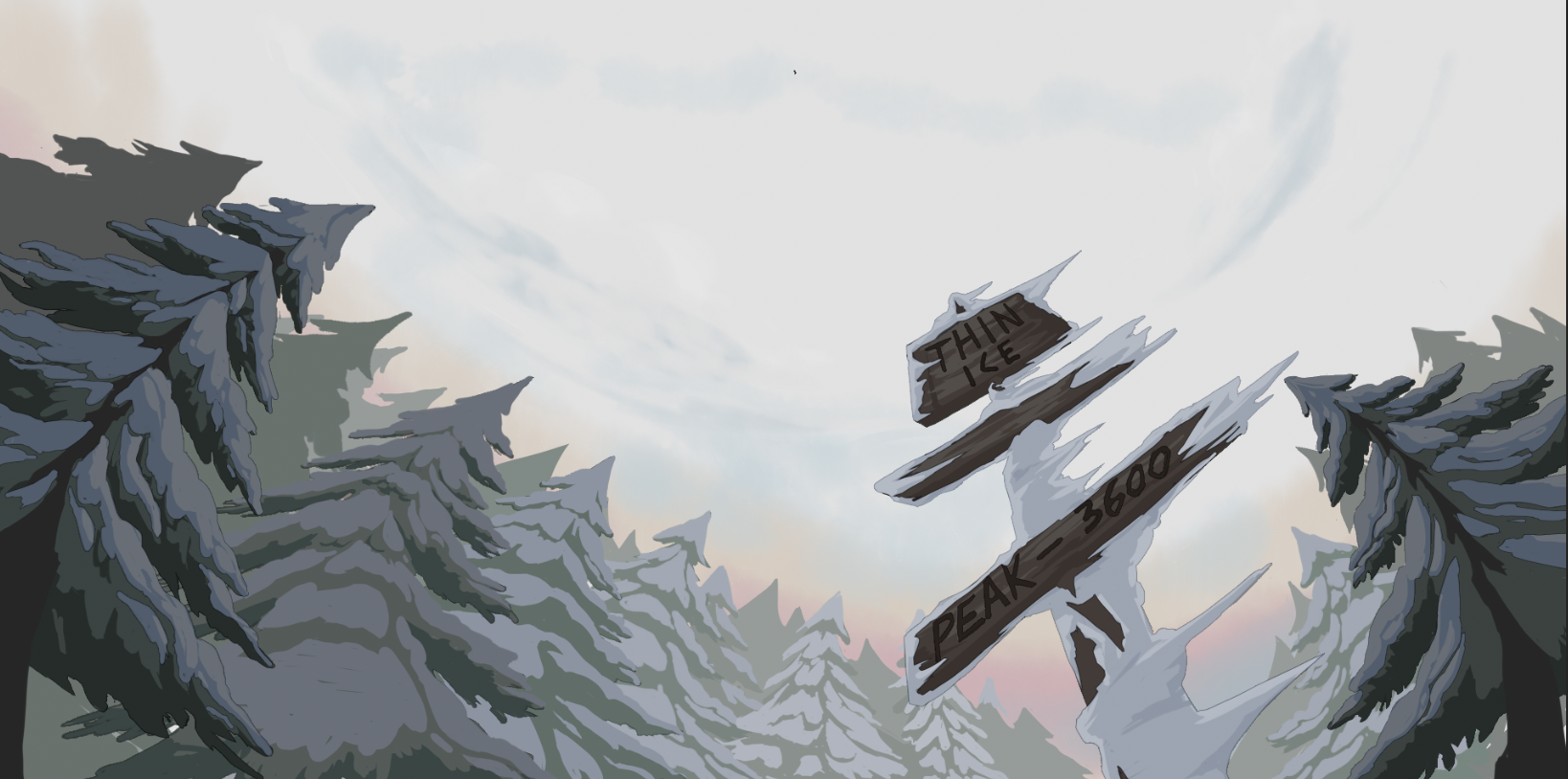 Illustration of snow-covered pine trees with a sign pointing to the summit of Mount Peak 3600 and indicating a thin ice condition.