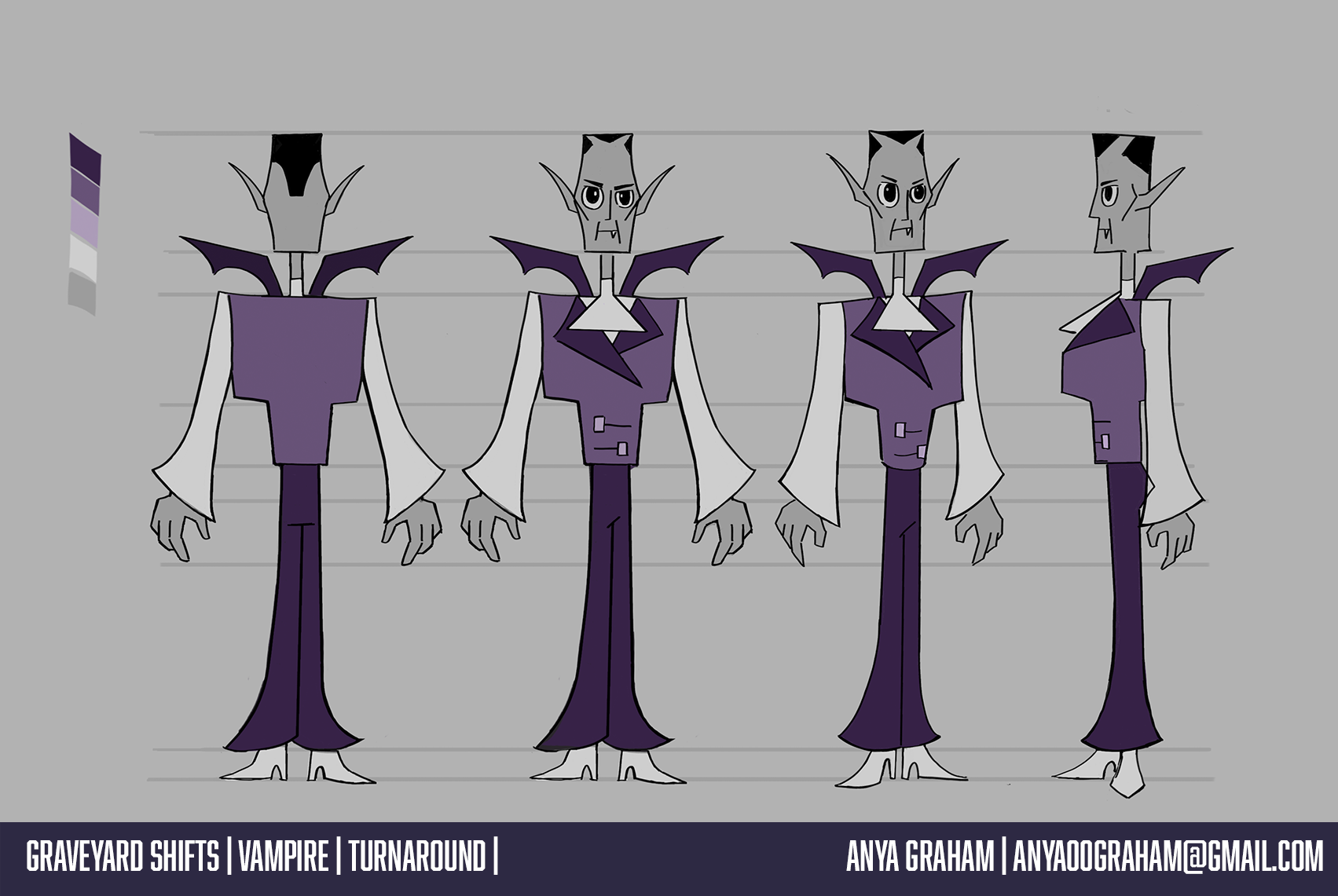 Turnaround of a vampire character with a tall, thin build, wearing a purple and white outfit with sharp, angular features, standing against a gray background with a height chart. The vampire has pointy ears, a stern expression, and dark hair.