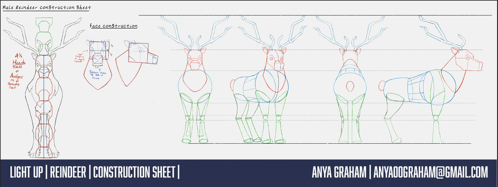 A detailed illustration of a male reindeer's construction sheet, showing front, top, side, and rear views. The drawing includes wireframe sketches, color-coded for face construction, body parts, and proportions, with handwritten notes about reindeer features and measurements. The bottom banner contains contact information for Anya Graham.