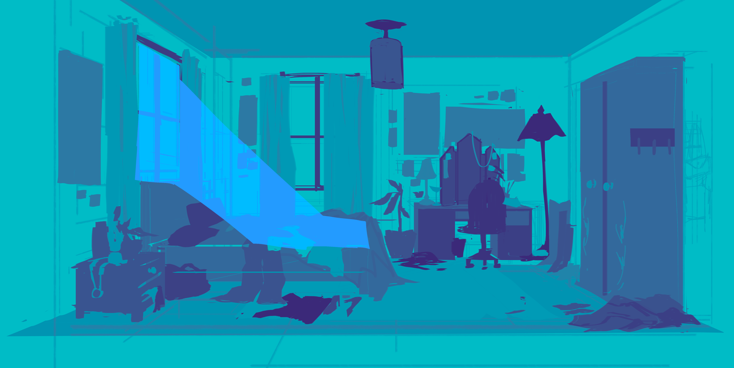 A cluttered and messy bedroom with various furniture, clothing, and objects scattered across the floor and furniture.