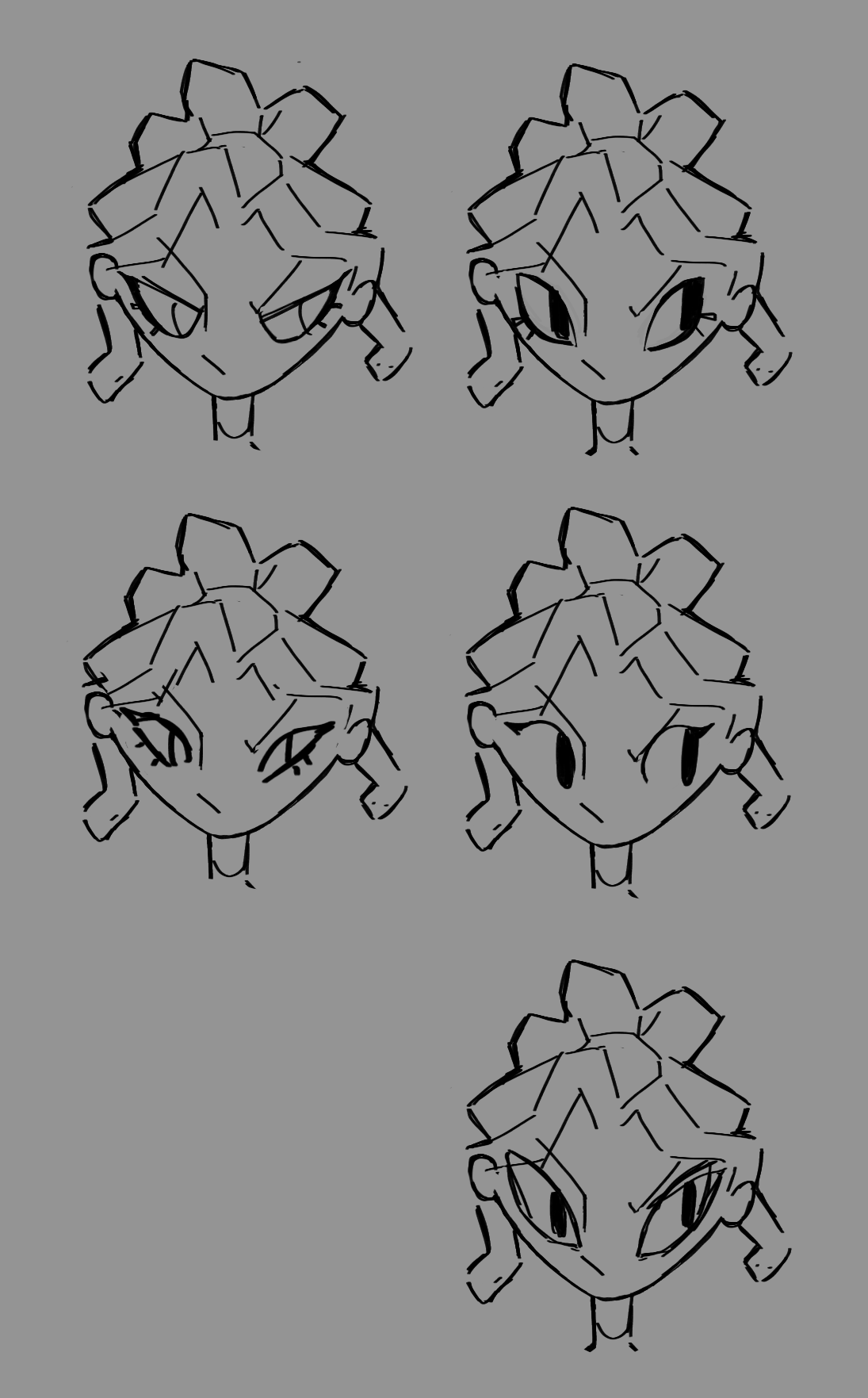 Line drawing of a stylized cartoon face with large eyes and a distinctive hairstyle, shown from multiple angles against a grey background.
