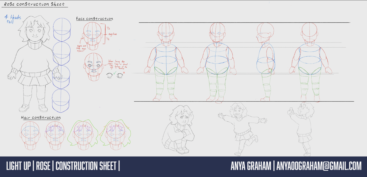 A detailed illustration of a character named Rose, including step-by-step construction sheets for her face, hair, and body in various poses, with rendering instructions and sketches. The sheet features annotations, 3D wireframe models, and practice sketches, with contact information for Anya Graham at the bottom.