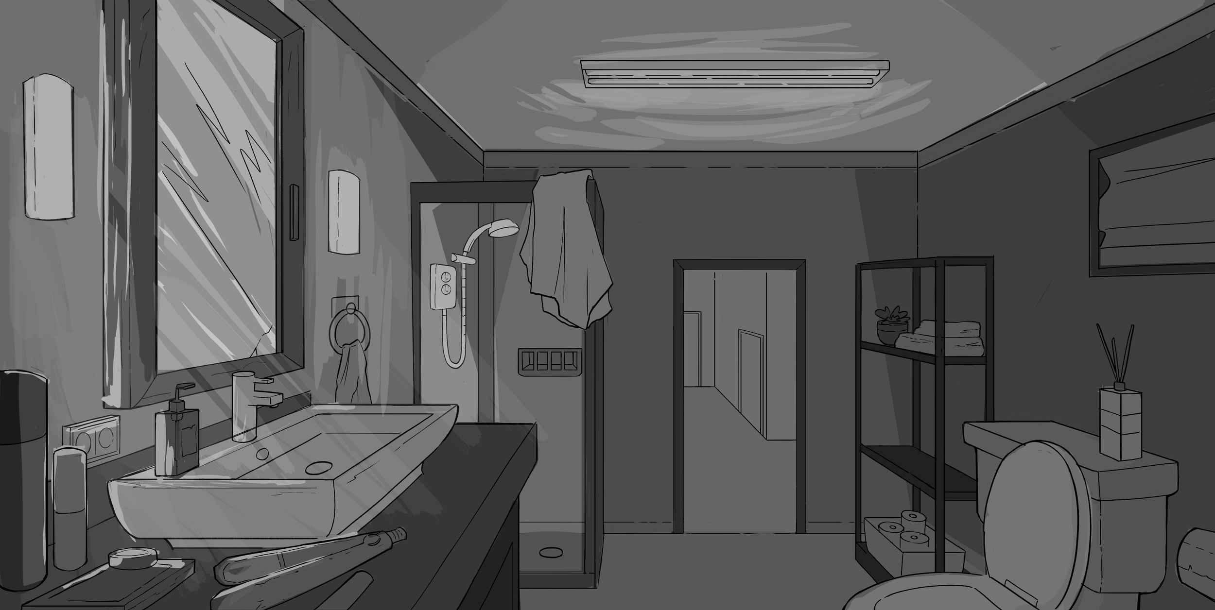 A grayscale digital illustration of a bathroom with a sink, mirror, shower with a towel hanging, shelves with folded towels and a plant, and a toilet with toilet paper rolls.