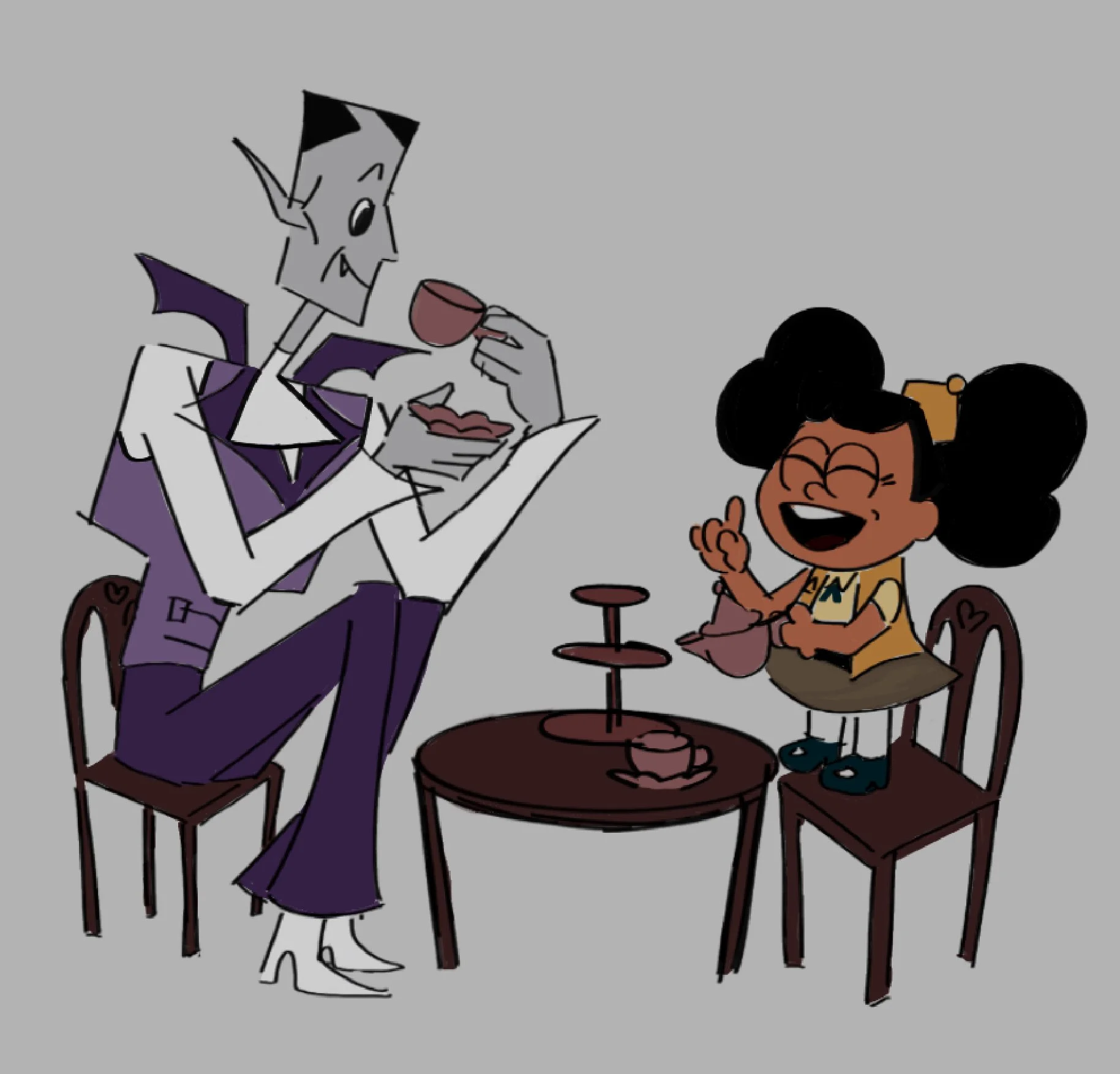 Cartoon image of a tall, vampire-like character with pointy ears, fangs, and purple cape, sitting at a table with a small girl with dark hair in pigtails, who is laughing and holding a teacup, while the vampire character holds a small cup and plate.