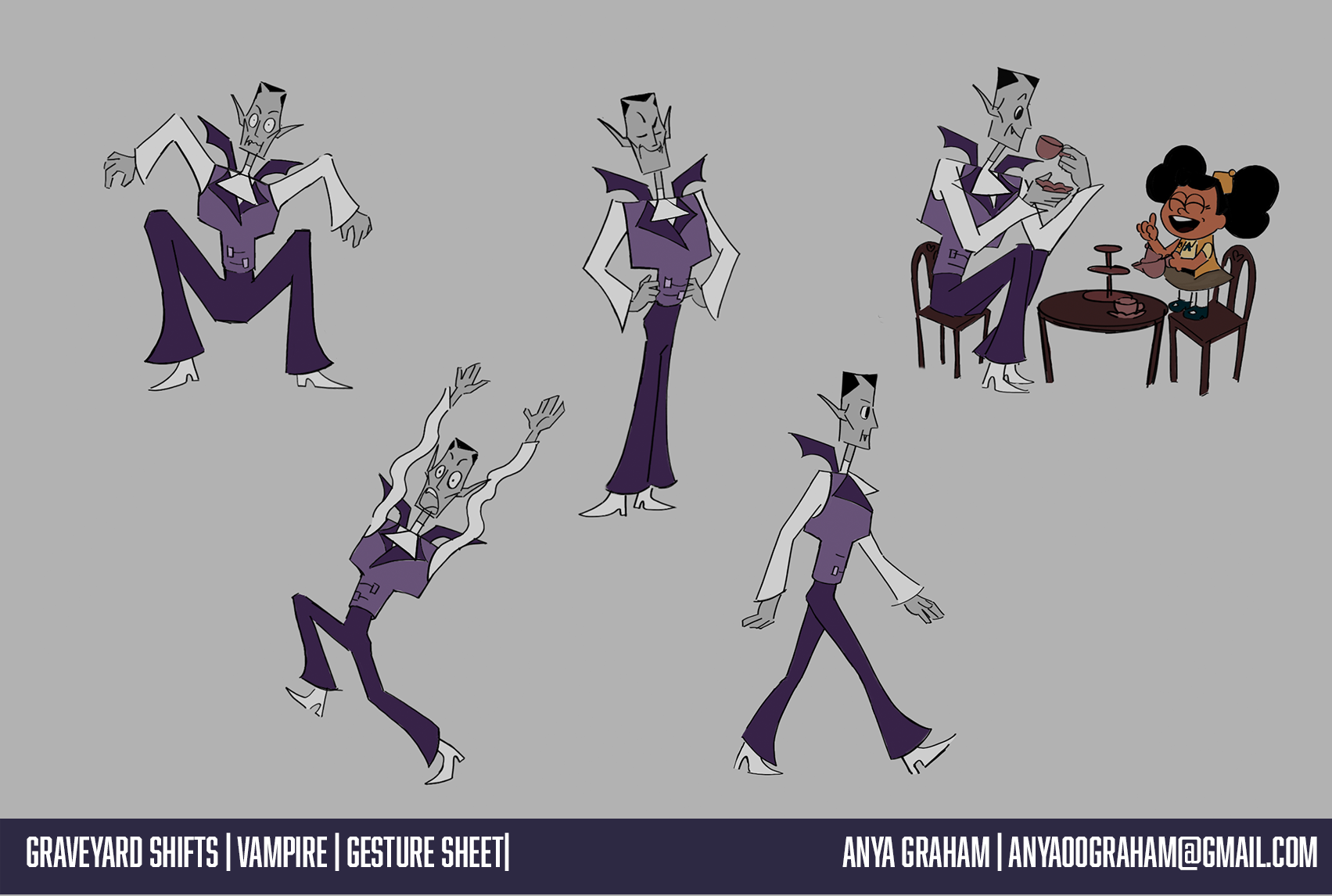 Collection of vampire gesture sketches showing different poses and expressions, including a vampire eating, surprised, angry, walking, and celebrating, on a gray background.