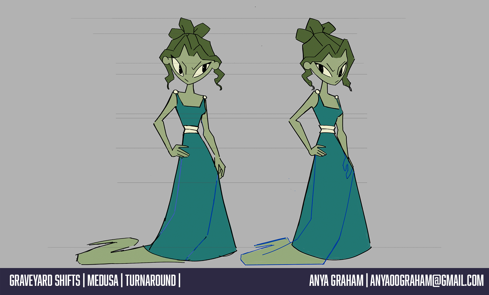 An animated Medusa Character with green skin, green snake hair tied in a bun, and a confident stance, wearing a teal long gown with a slit.