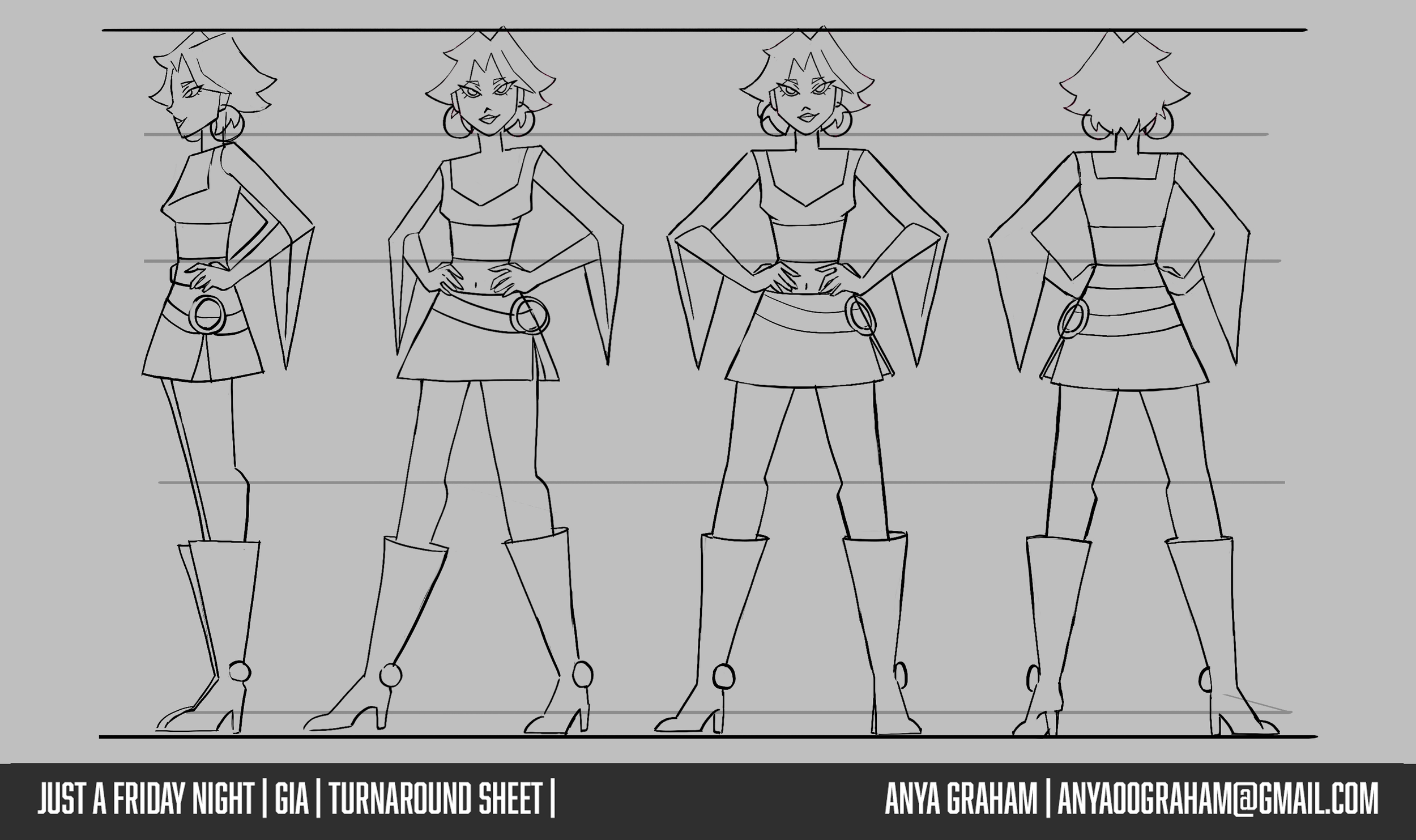 Turnaround of the character Gia standing with hands on hips, wearing a crop top, skirt, and boots, with a height measurement chart in the background.