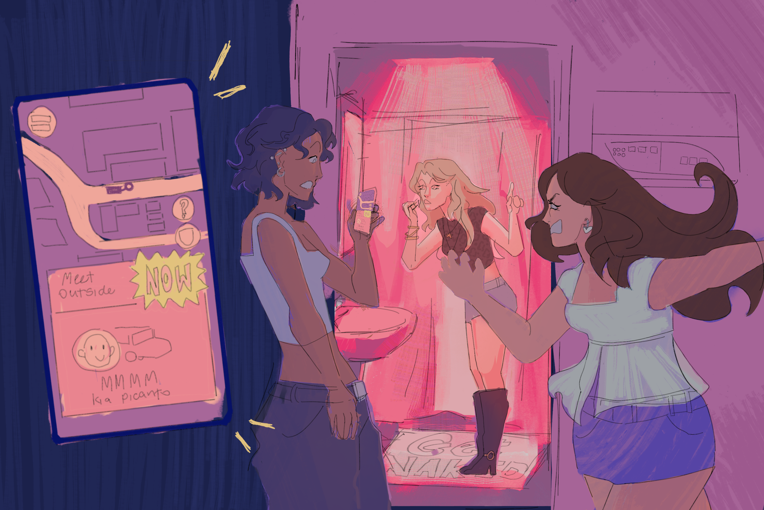 Three young women are standing, engaged in conversation. One woman is holding a phone showing a notification, and the other two seem to be responding with expressive gestures. To the left of them, a pink phone screen that says 'Meet outside NOW'