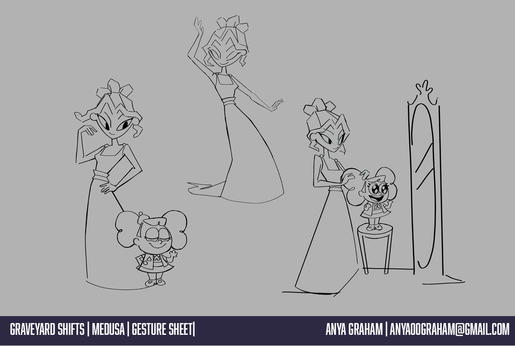 Sketch of four human characters, including Medusa with snake hair and a woman on a pedestal, with a tall mirror. The scene appears to be a conceptual gesture sheet for a project.