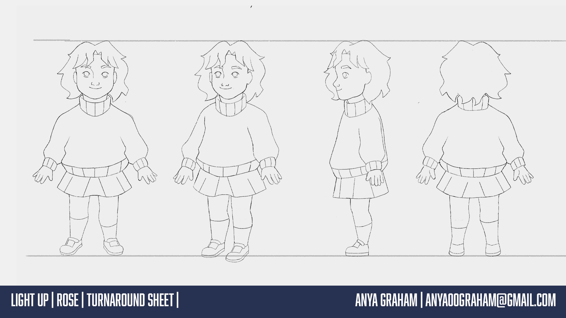 Four sketches of a young girl with medium-length hair, wearing a turtleneck sweater, a short pleated skirt, knee-high socks, and shoes, portrayed in front, three-quarter, and back views.