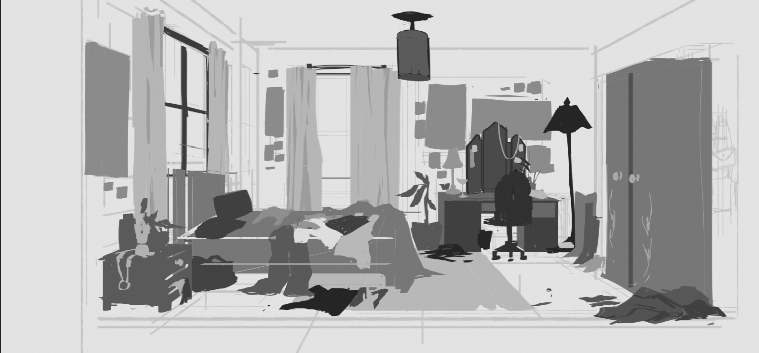A grayscale digital illustration of a messy bedroom with a bed, nightstand, lamp, desk, chair, wardrobe, and various cluttered items.
