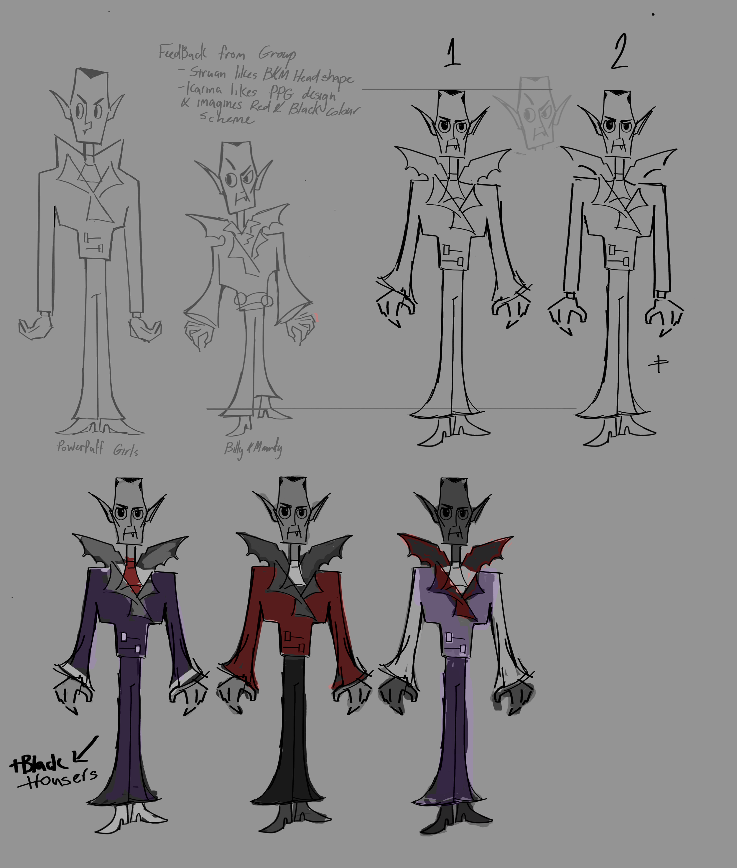 Sketches of a cartoon vampire character in multiple color schemes and styles, with handwritten notes identifying different costume designs and color schemes.