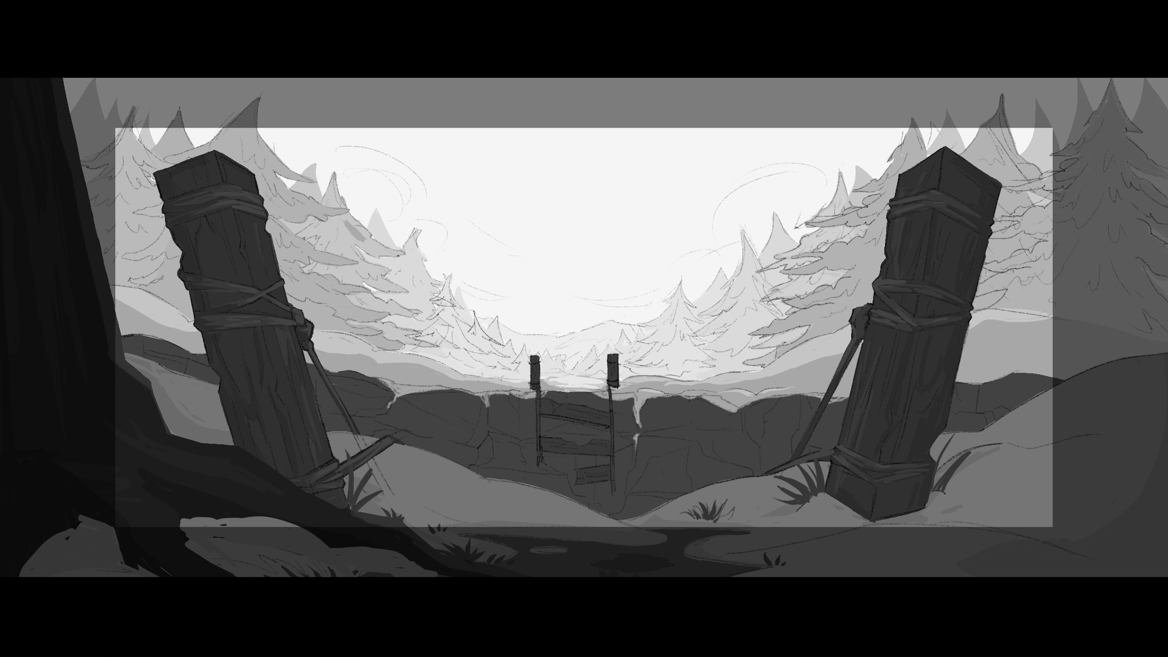 Black and white illustration of a forest scene with a opening in the trees showing the sky, with two large wooden posts and a smashed bridge in the midground