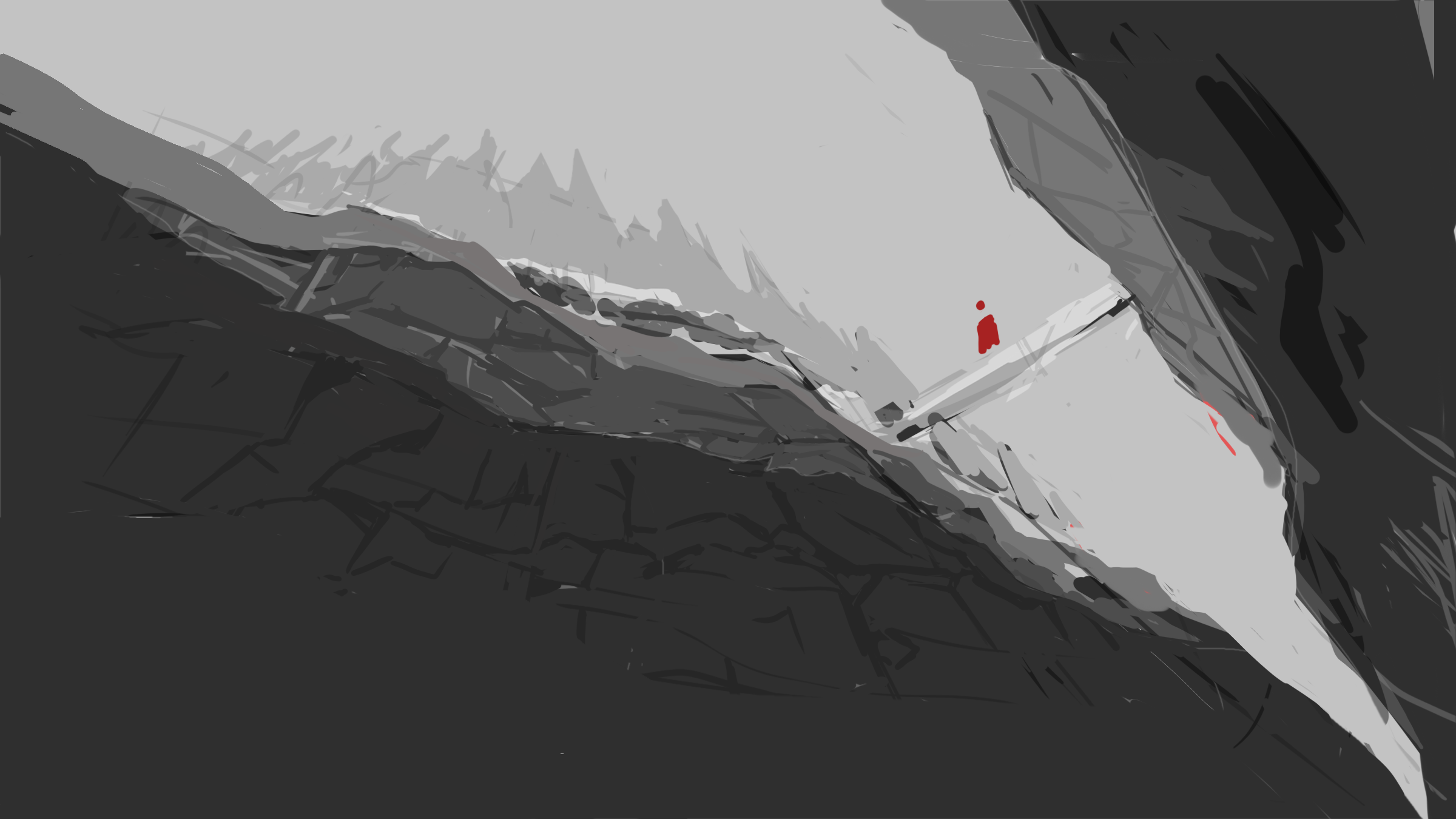 Abstract digital painting of a person in a red jacket walking on a narrow path between rocky cliffs with dark shadows on the sides.