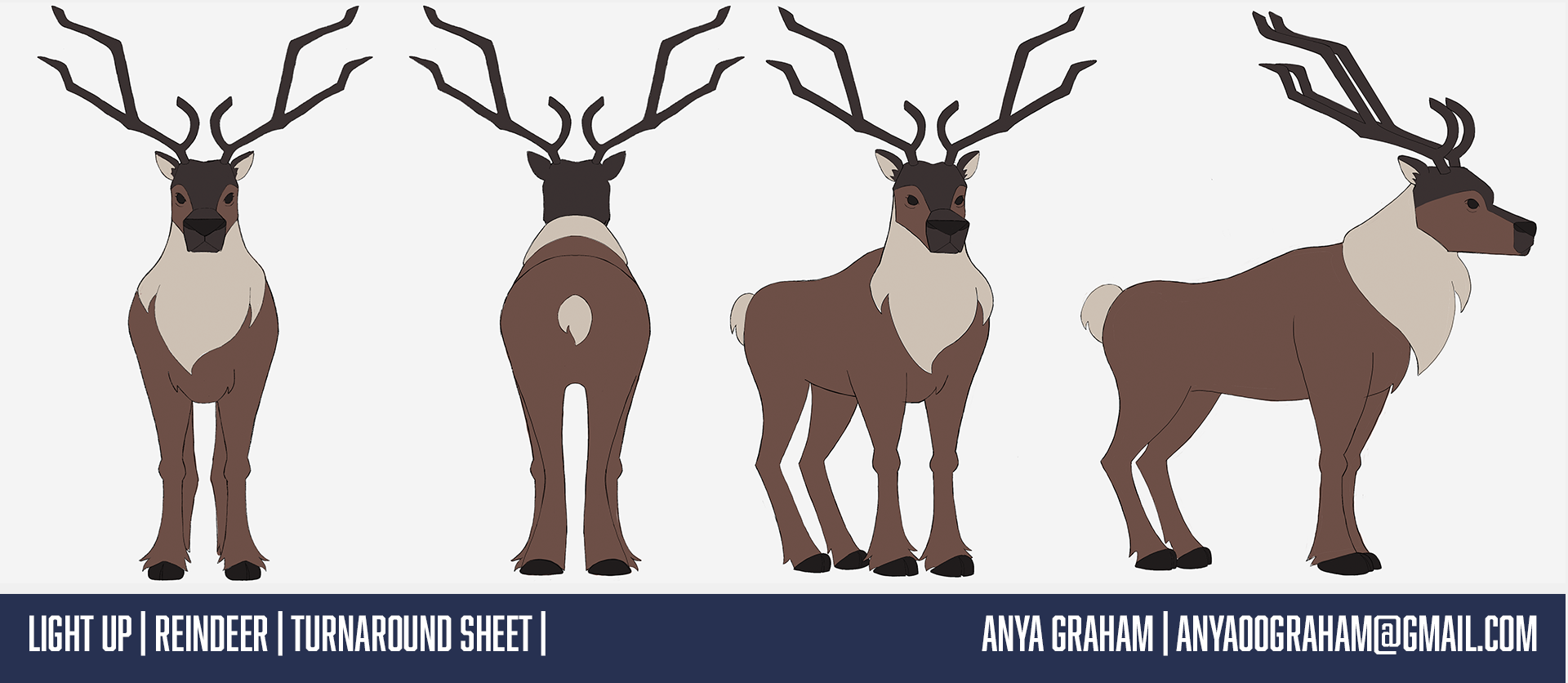 A digital turnaround of a reindeer's front, back, side, and three-quarter views, showing light brown and white fur with dark antlers.