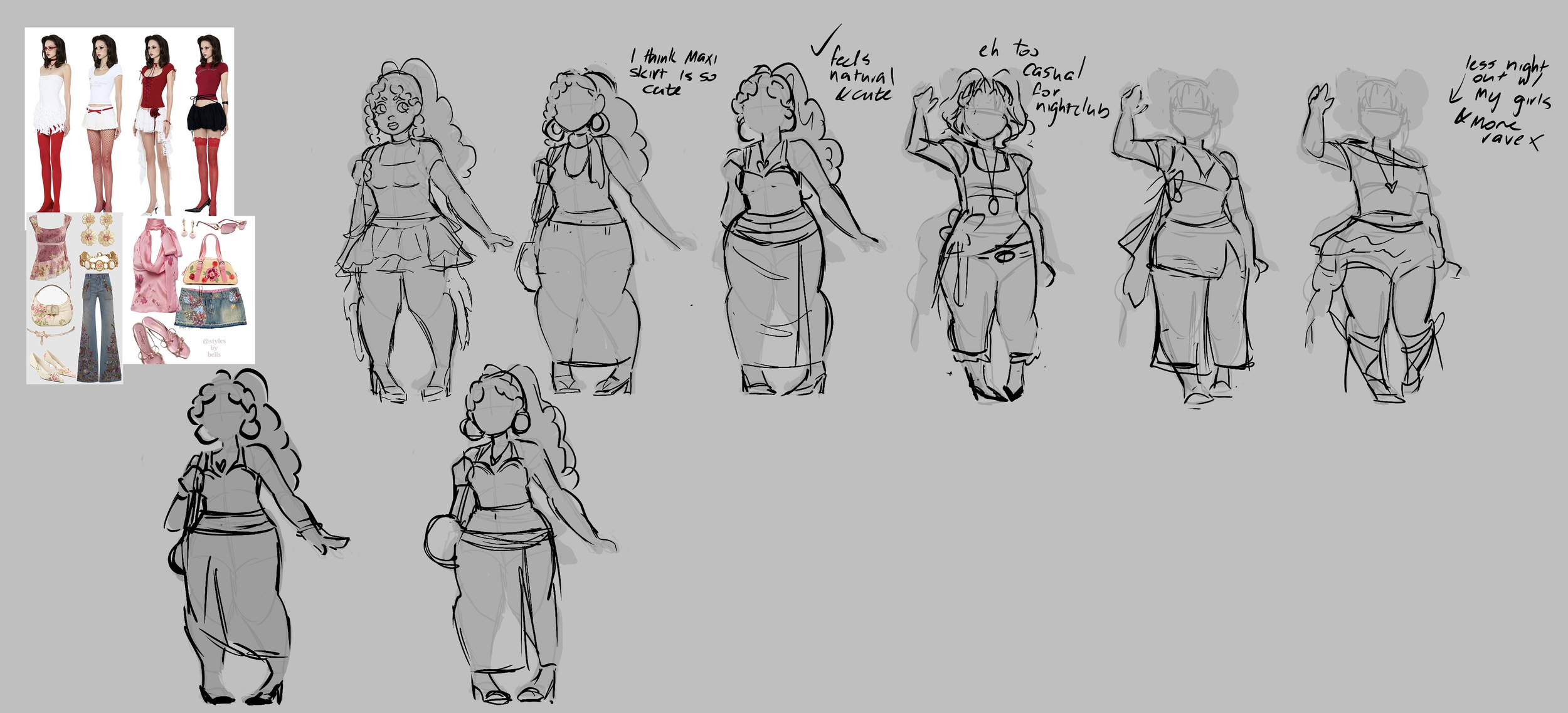 A series of fashion sketches depicting a woman in various casual and trendy outfits, with notes about the clothing and accessories. Insets of fashion clothing, accessories, and shoes are shown on the left side.